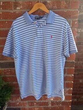 Ralph Lauren Blue and White Striped Polo Shirt with Red horse Logo
